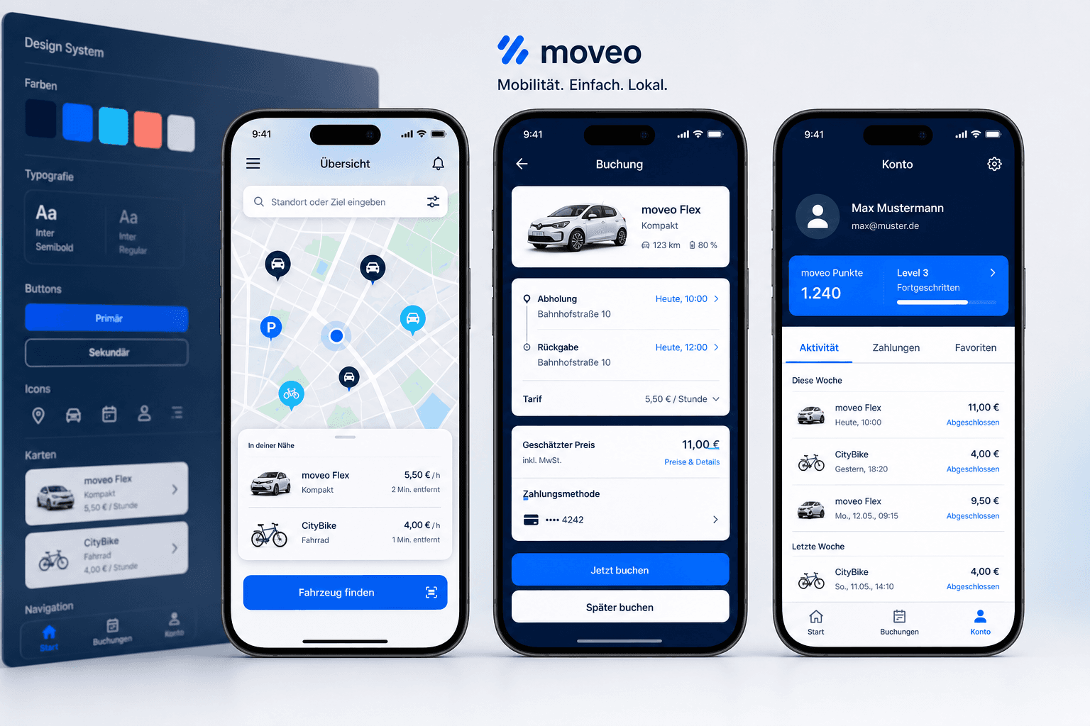Fiktives App-Design mit Kartenübersicht, Buchung und Kundenkonto