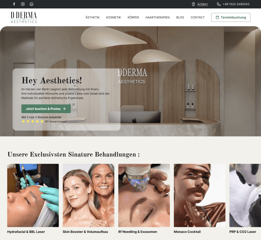 WordPress-Website der Ästhetik-Praxis D Derma Aesthetics – umgesetzt von Perfect Web