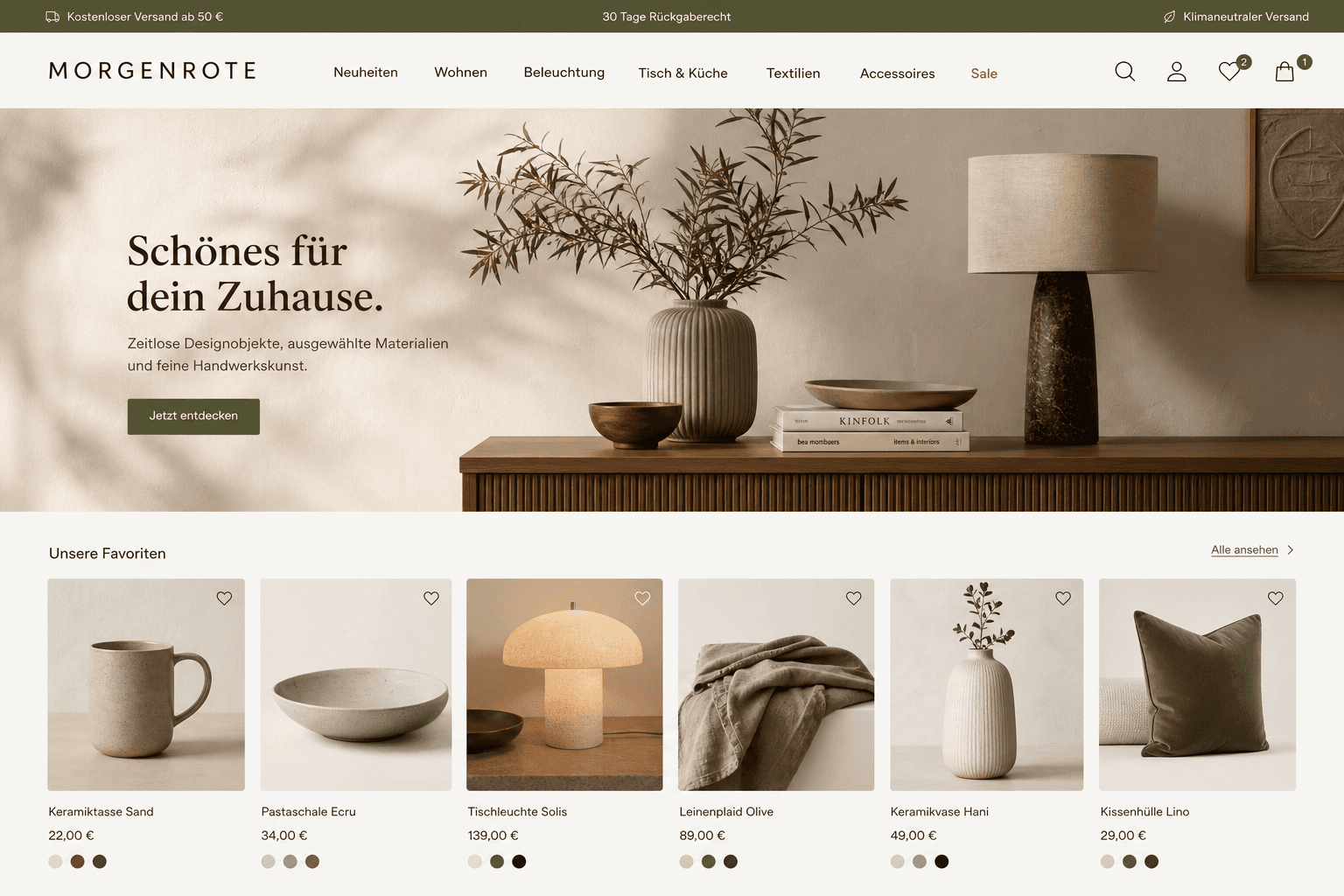 Fiktives Onlineshop-Design mit Hero und kuratierter Produktauswahl