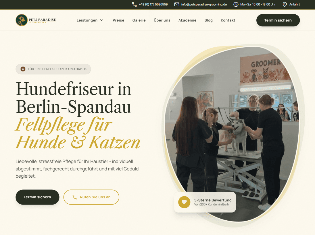 Website des Hundefriseurs Pets Paradise Grooming Spa in Berlin-Spandau – umgesetzt von Perfect Web