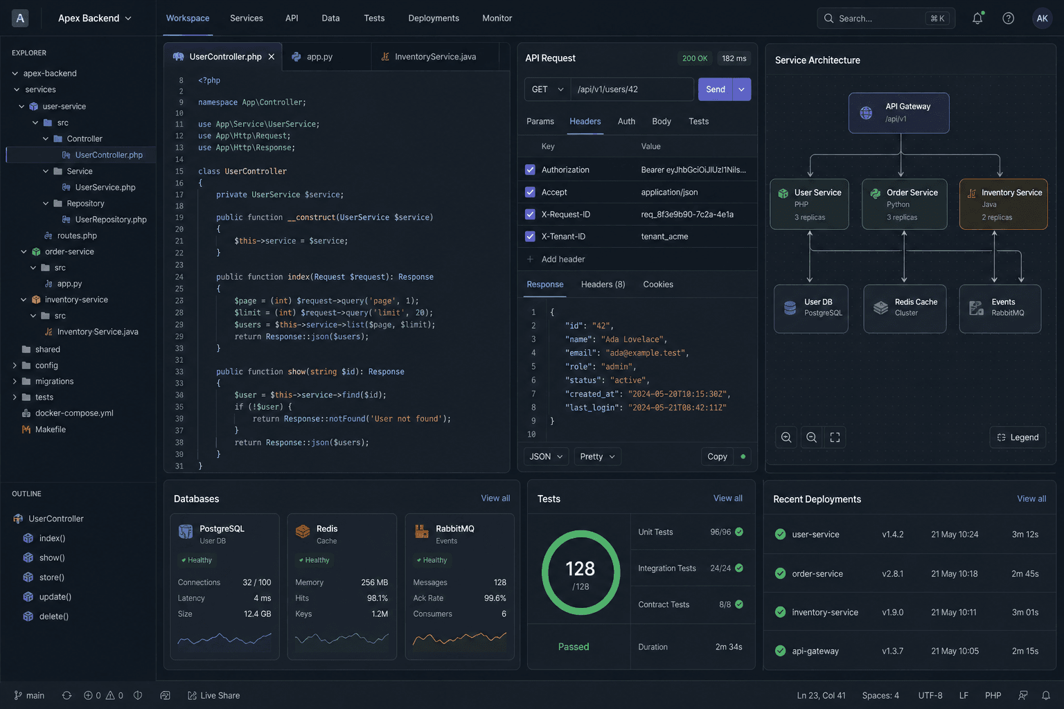 Fiktives Entwickler-Dashboard mit Code, API und Systemarchitektur