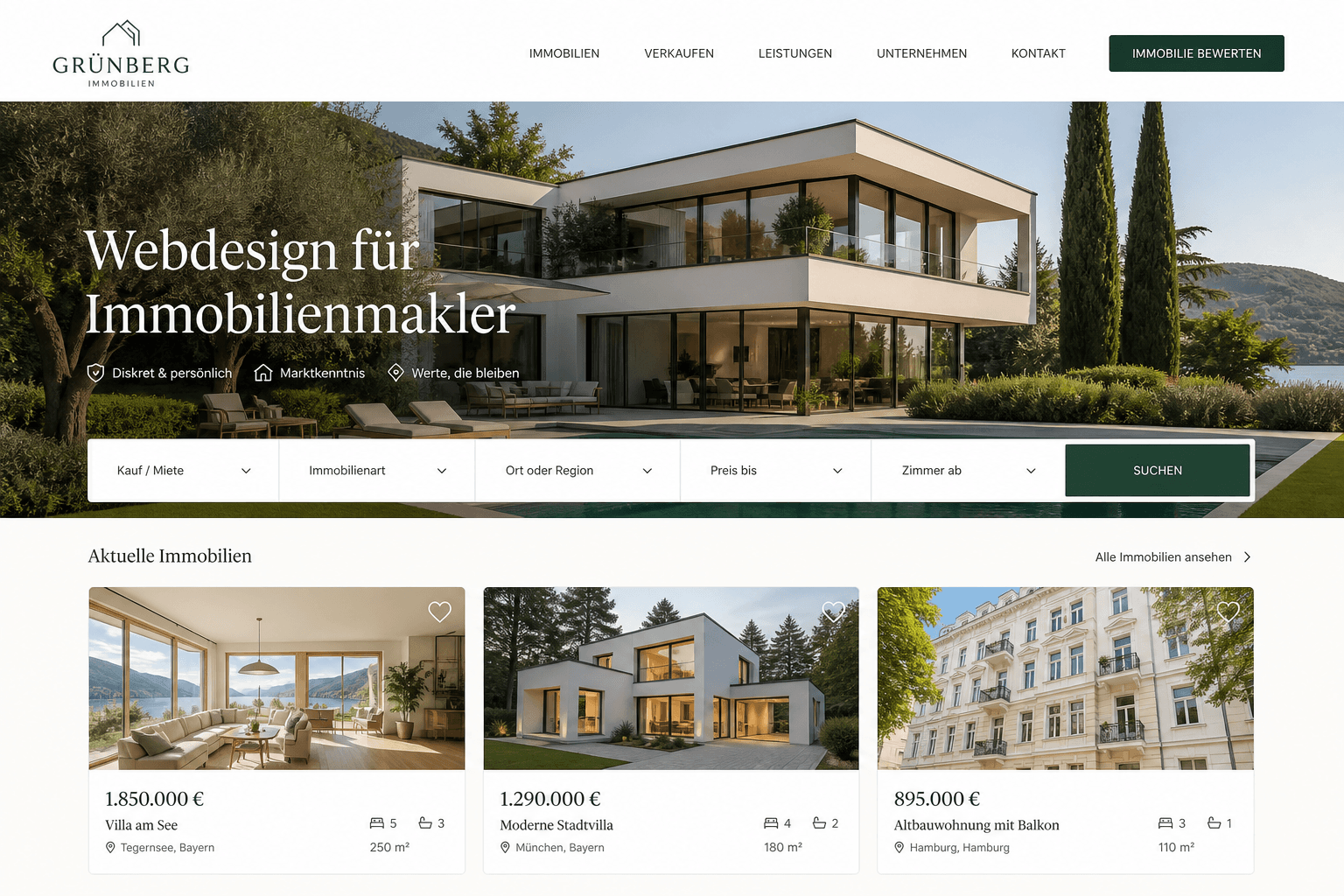 Fiktives Website-Design für einen Immobilienmakler mit Objektsuche